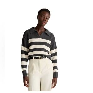 Quince 100% Organic Cropped Cotton Polo Sweater Charcoal/Off White XS